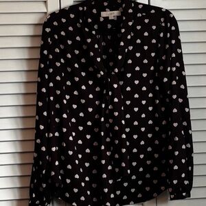 LOFT Brown Heart Print Tie-Neck Blouse